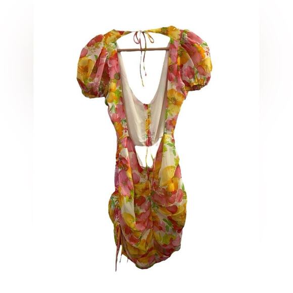 Isalis Floral Open Back Ruched Mini Dress L - Picture 4 of 6